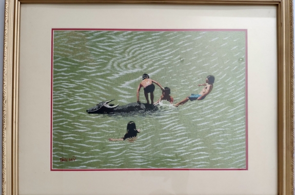 Hand-embroidered painting - Children swimming in the pond